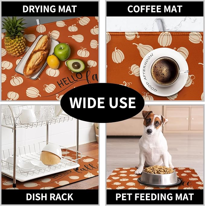 Hello Fall Drying Mat for Kitchen Counter Autumn Orange Pumpkin Dry Dish Mat - Image 7