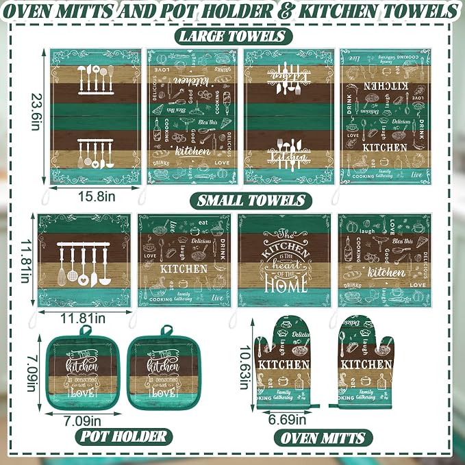 12 Pcs Farmhouse Kitchen Decor Sets 4 Teal Green Kitchen Towels 4 Teal - Image 3