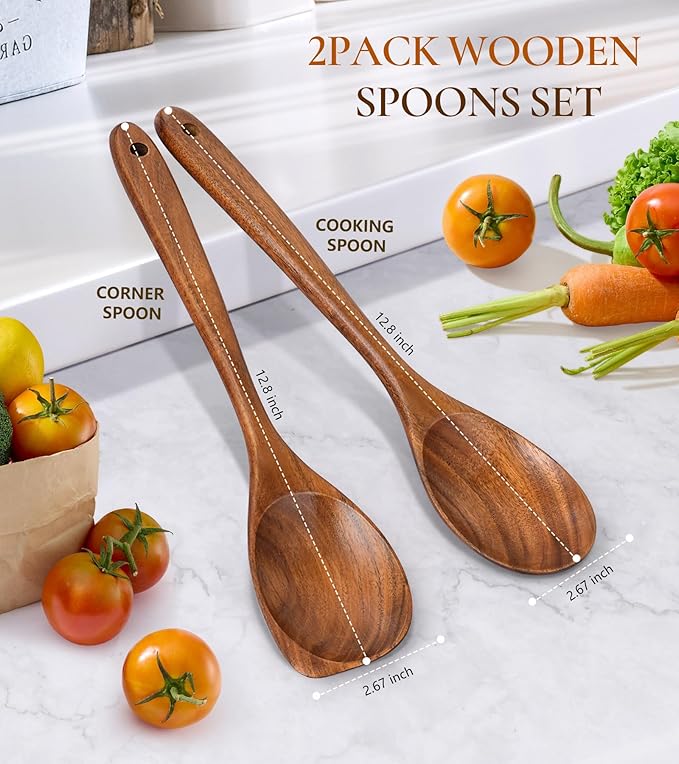 2Pcs Wooden Spoons for Cooking, Natural Premium Teak Wood Spoon & Corner Spoon - Image 3