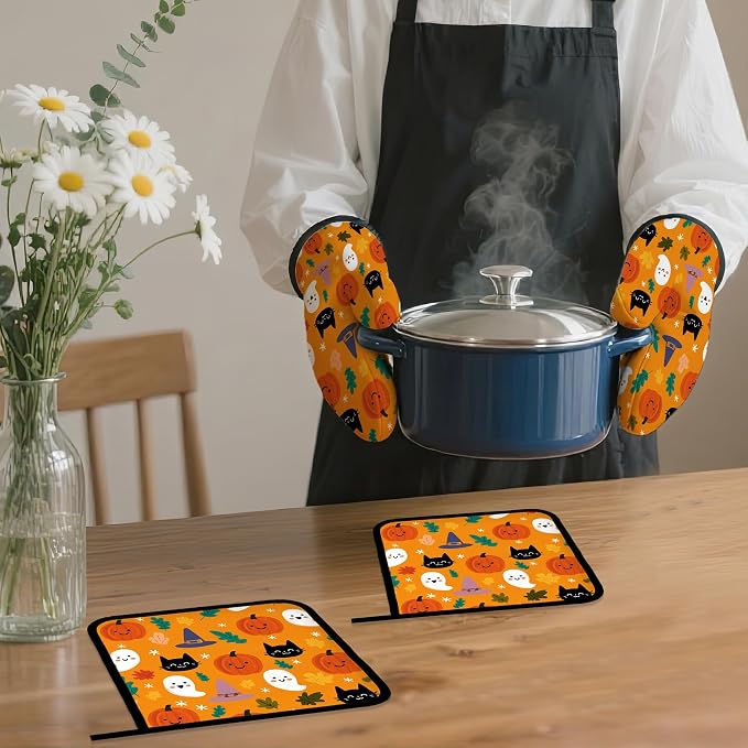 Halloween Pumpkins Oven Mitts and Pot Holders Set, Ghosts Black Cats Kitchen - Image 7