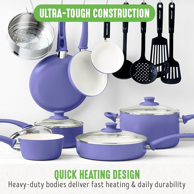 GreenLife 16 Piece Nonstick Cookware Set, Soft Grip Non-Toxic PFAS-Free Ceramic - Image 5