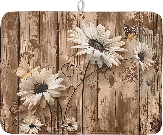 Summer Daisy Flowers Dish Drying Mat by Kawani