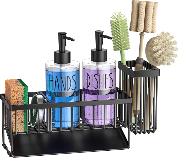 MASADI Kitchen Sink Caddy with Dish Soap Dispenser Set, 12OZ Glass Bottle - Image 9