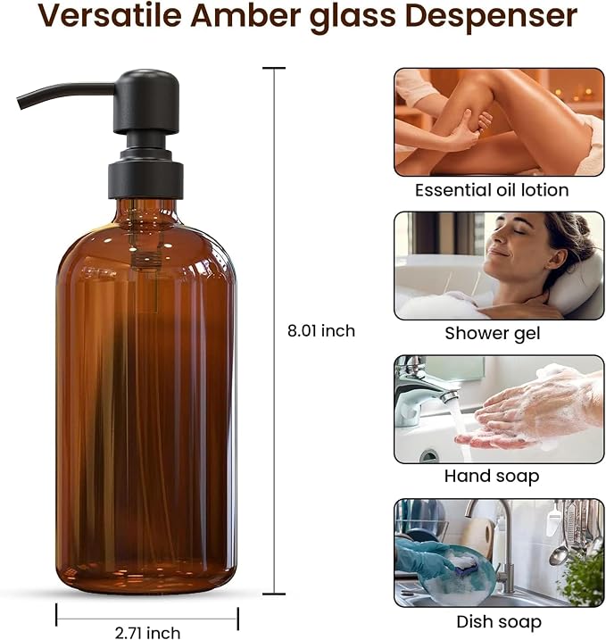 Sunrise Premium 4 Pack Amber Glass Soap Dispenser 16 OZ - Image 3