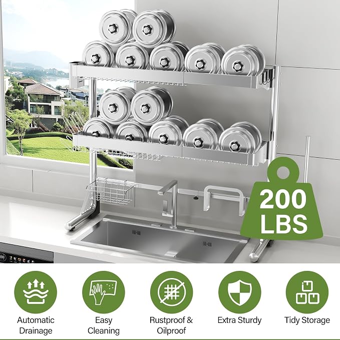 Over The Sink Dish Drainer Drying Rack 3 Tier, Full Stainless Steel Dish Drying - Image 7