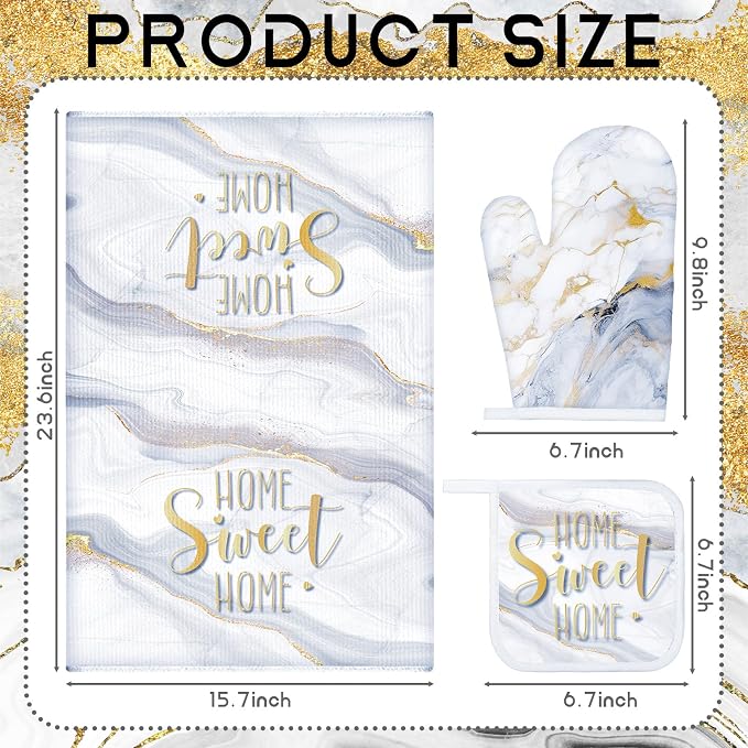 Leinuosen 8 Pcs White Marble Kitchen Decor Dish Towels and Oven Mitts Sets Pot - Image 3