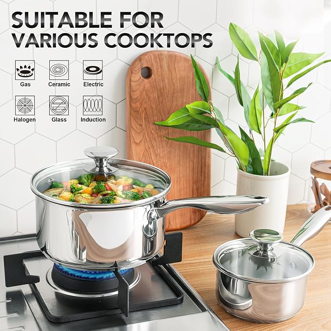 MICHELANGELO Stainless Steel Saucepan Set 1Qt & 2Qt, 18/10 Stainless Steel Pot - Image 3