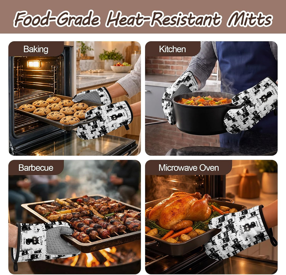 Black Cat Oven Mitts and Pot Holders Sets 3PCS, Cat Silicone Heat