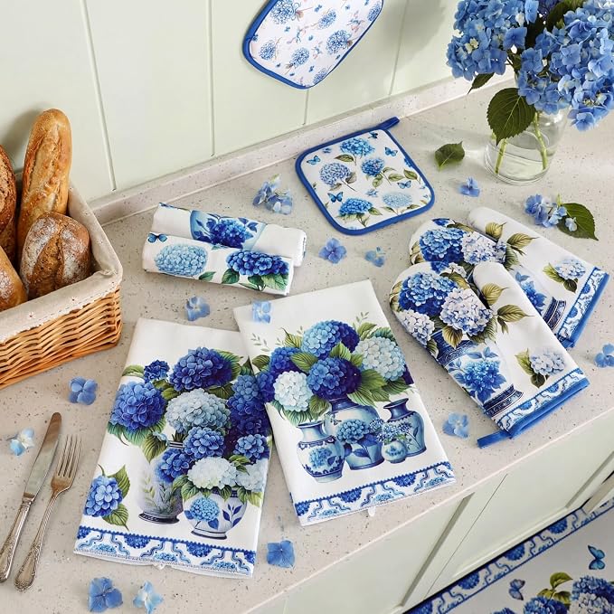 Fanfanwin 10 Pcs Chinoiserie Blue White Hydrangea Kitchen Decor Set Blue and - Image 7