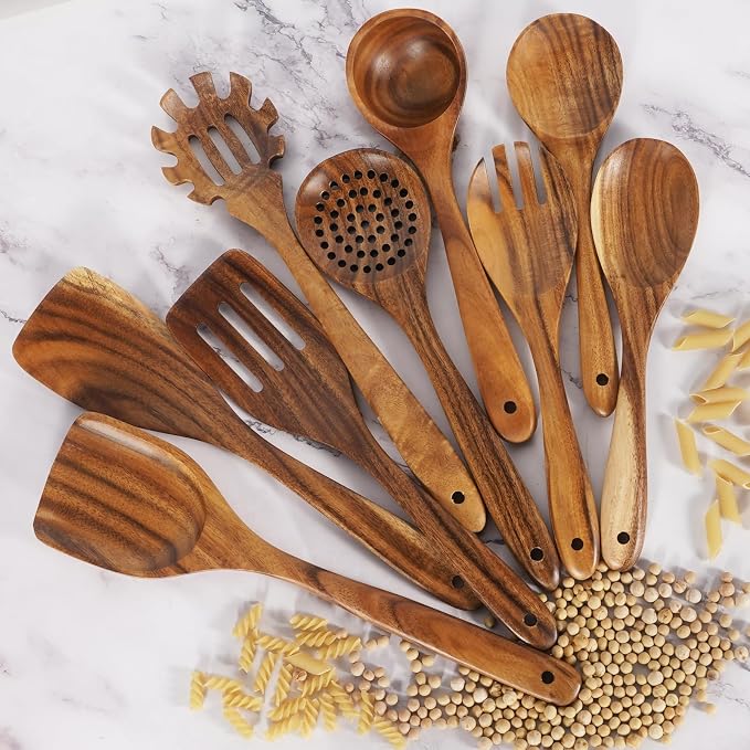 Wooden Spoons for Cooking – 9 Pc Teak Wood Utensil Set, Nonstick Safe & Heat - Image 4