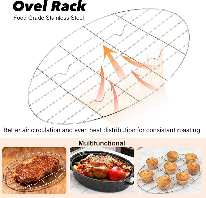 18” Roaster Pan with Lid and Rack, Large Enamel Roaster Pan with Oval Roasting - Image 5