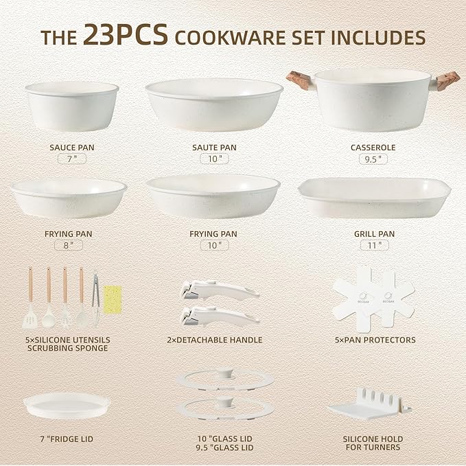 BECIGAR 23PCS Ceramic Pots and Pans Set, Removable Handle Pots and Pans Set - Image 2