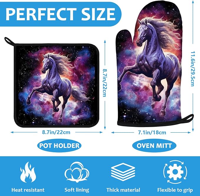 Horse Purple Galaxy Space Oven Mitts and Pot Holders Sets Heat Resistant 4Pcs - Image 2