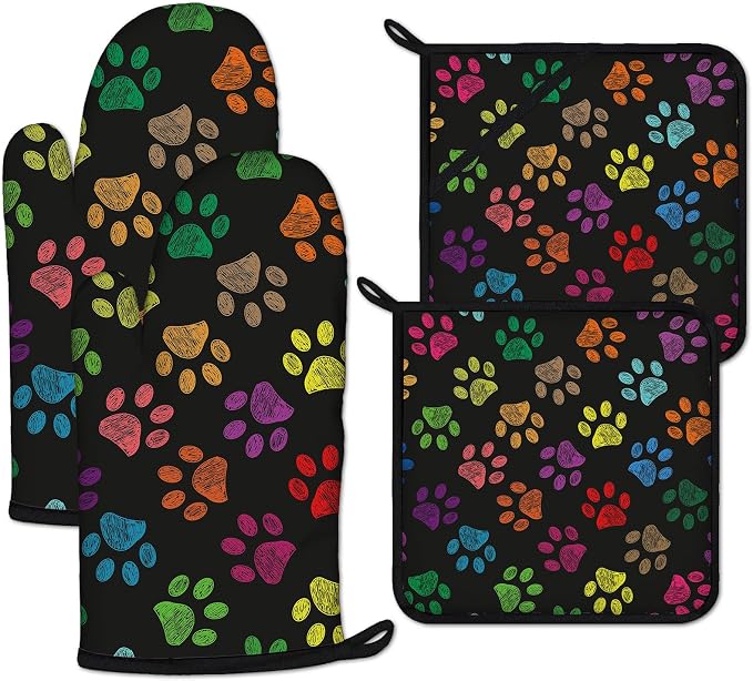 Colorful Paw Print Oven Mitts and Pot Holders Sets Heat Resistant 4Pcs by ANTJOO