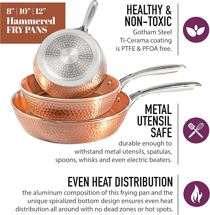 Gotham Steel Hammered Frying Pan Set, 3 Piece Nonstick Copper Fry Pans - Image 6
