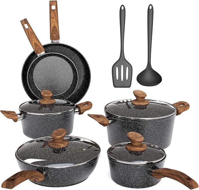 MAISON ARTS Pots and Pans Set Non Stick, 12 Piece Black Granite Kitchen by MAISONARTS