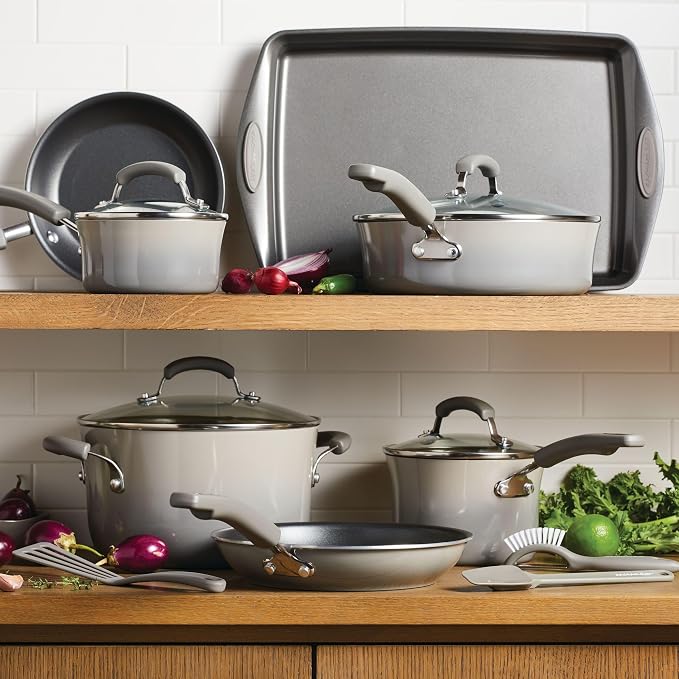 Rachael Ray Brights Nonstick Cookware Pots and Pans Set, 14 Piece, Sea Salt Gray - Image 2