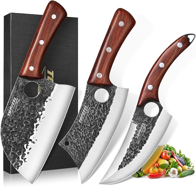 Topfeel 3PCS Butcher Knife Set, Hand Forged Serbian Chef Knives & Meat Cleaver by Topfeel