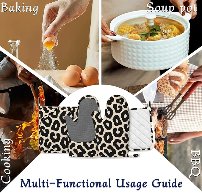 Black Leopard Print Pot Holders and Oven Mitts Set Silicone Cheetah Prints - Image 7