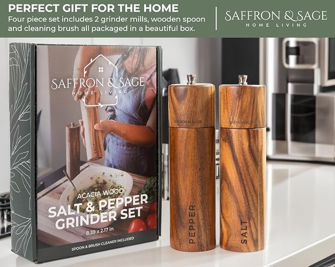 Saffron & Sage Premium Acacia Wood Salt and Pepper Grinder Set of 2-8” Tall - Image 7
