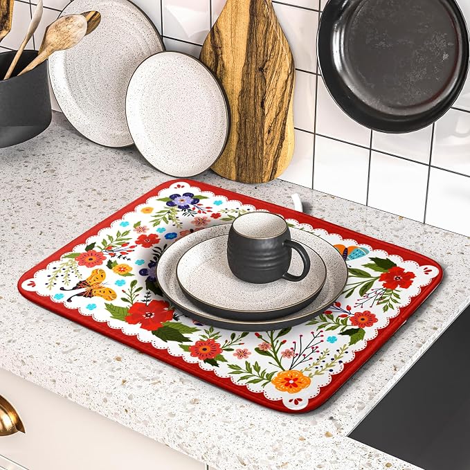 Flowers Printed Dish Drying Mat Floral Coffee Mat - Image 5