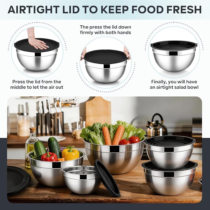 E-far Mixing Bowls With Lids Sets of 5, 10-Piece Stainless Steel Salad Metal - Image 6