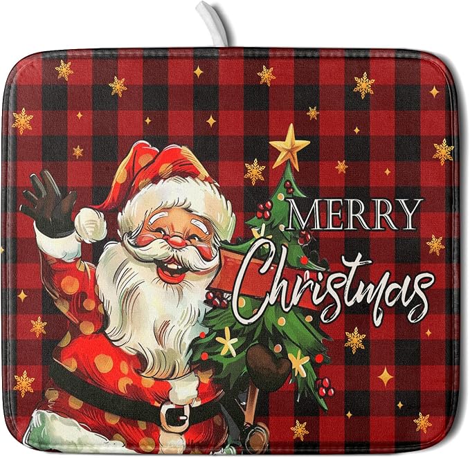 Merry Christmas Santa Claus Red Buffalo Plaid Dish Drying Mat by Anyako