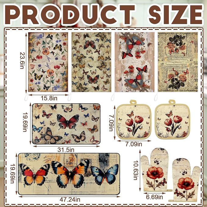 Fourluoo 10 Pcs Butterfly Kitchen Dish Towels Rugs Oven Mitts and Pot Holders - Image 3