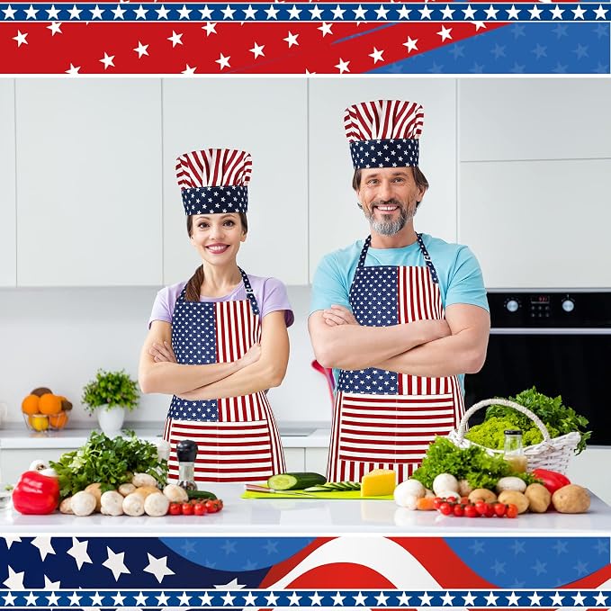 SATINIOR USA 4th of July Flag Kitchen Chef Hat Adjustable Apron 250th - Image 6