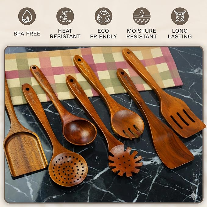 7Pcs Wooden Kitchen Utensil Set, Premium Natural Acacia Wood Cooking Utensils - Image 5