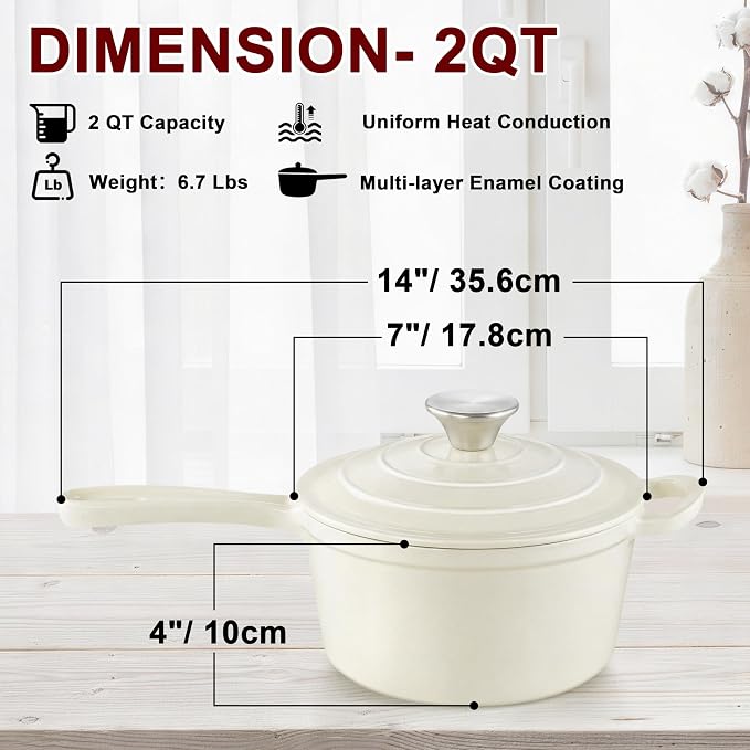 2Qt Enameled Cast Iron Sauce Pan, Leonyo Dutch Oven Pot - Image 2