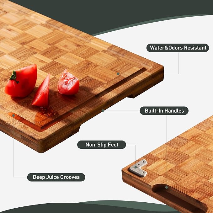 2 Pack Heavy Duty Bamboo Cutting Board Set Non Slip Over Sink Solid End Grain - Image 5