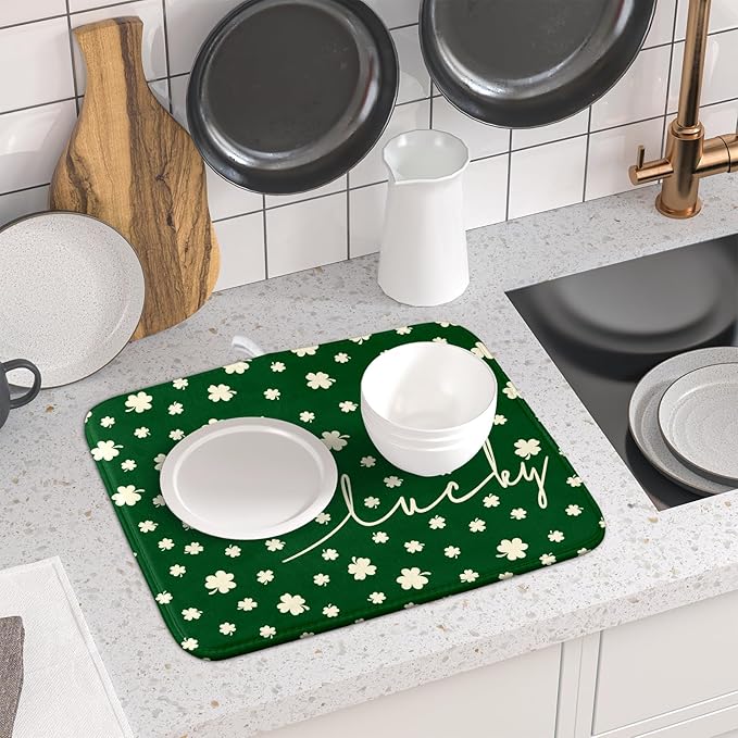 Giwawa St Patricks Day Dish Drying Mat Green Lucky Clovers Dish Drainer Mats - Image 6