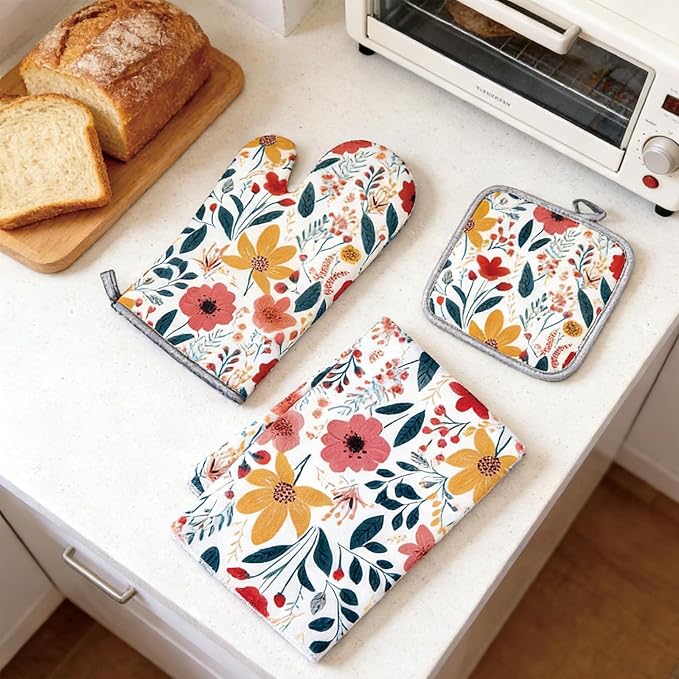 3 Pcs Kitchen Stuff, Wild Floral Kitchen Oven Mitts and Pot Holders Sets - Image 6