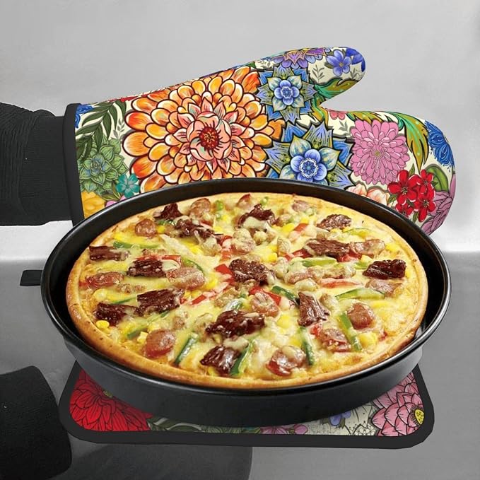 Boho Floral Oven Mitts and Pot Holders Sets of 3, Colorful Flowers Heat - Image 4