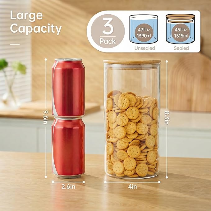 45oz - 3 Pack Glass Jars with Bamboo Lids, Glass Pantry Storage Containers with - Image 3
