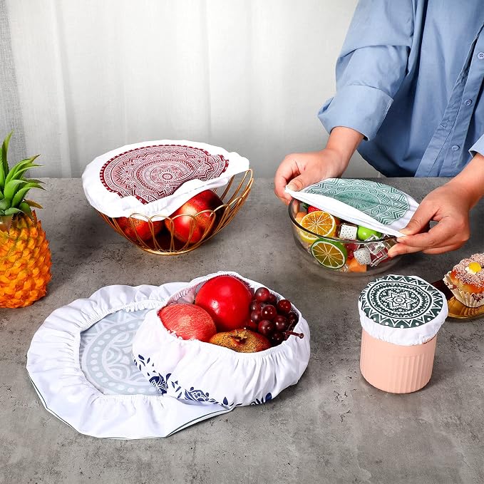 Patelai 10 Pcs Bowl Covers Reusable in 5 Size Stretch Cloth Fabric Elastic Food - Image 7