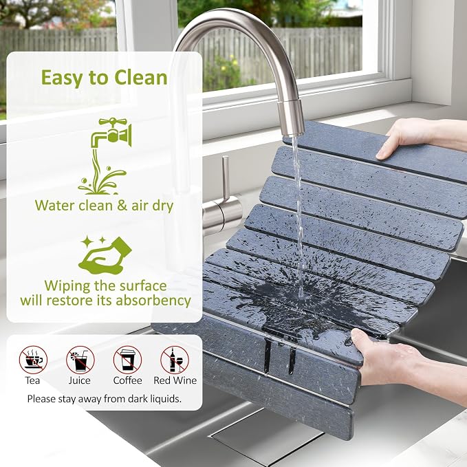 Large Stone Dish Drying Mat for Kitchen Counter, Collapsible Quick Dry Stone - Image 6