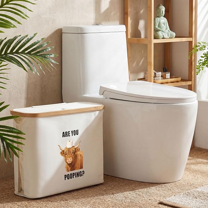 Toilet Paper Basket with Lid & Bamboo Handle, Highland Cow are You Pooping - Image 3