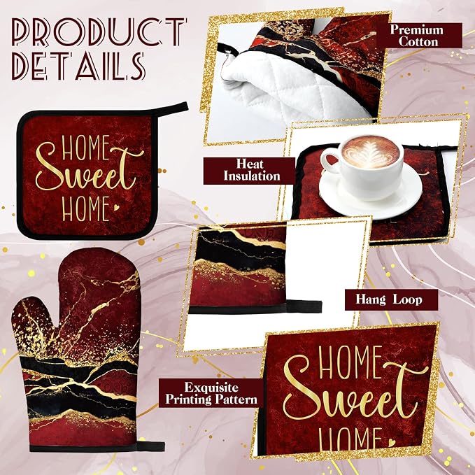 Leinuosen 8 Pcs Burgundy Marble Kitchen Towels and Dishcloths Sets Oven Mitts - Image 5