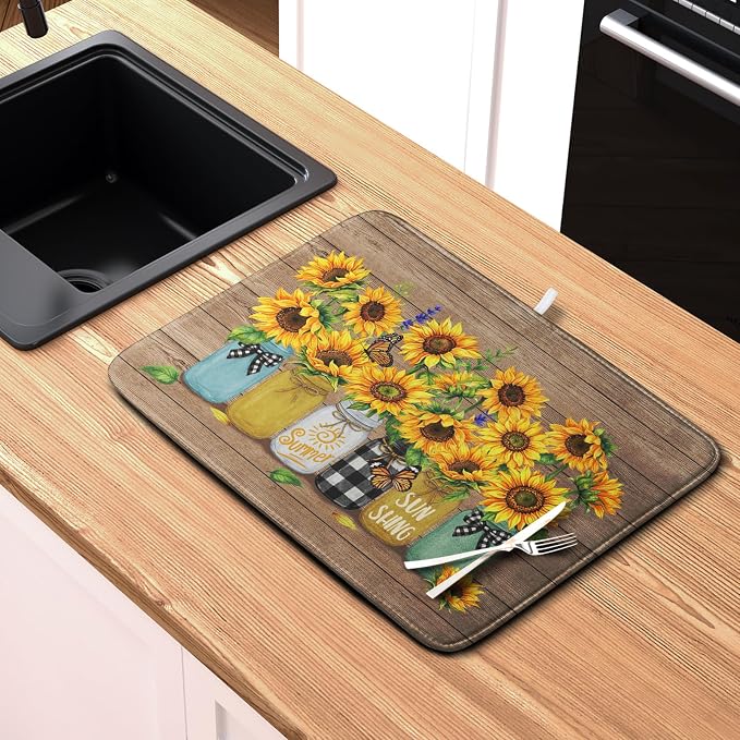 Sunflower Dish Drying Mat for Kitchen 16x18 Inch Counter Rustic Vintage Floral - Image 6