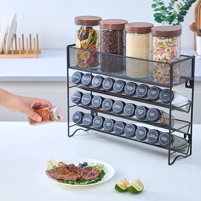 Spice Rack Organizer with 27 Spice Jars with Black Lids, Spice Labels, - Image 4