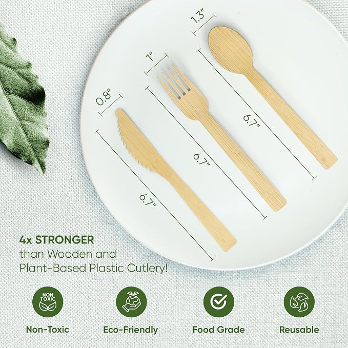 EcoPreps 100% Compostable Bamboo Cutlery Set Eco-Friendly, Biodegradable - Image 4