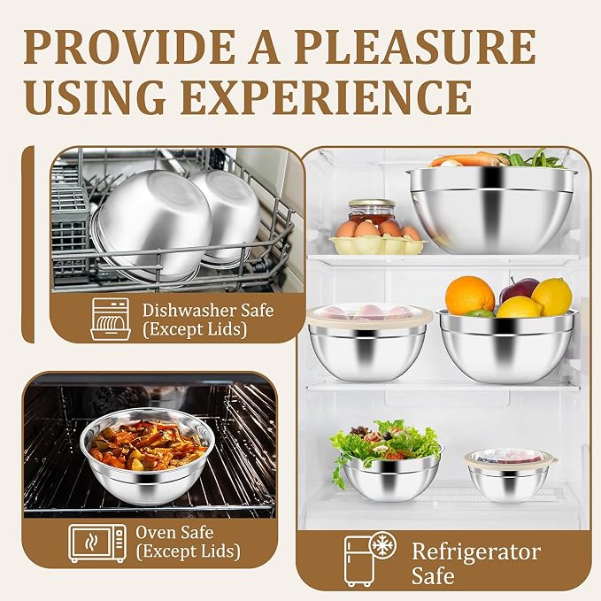 P&P CHEF Mixing Bowls with Visible Airtight Lids Set of 5, 10-Piece Stainless - Image 6
