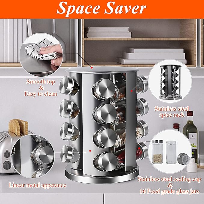 DOUBLE 2 C Revolving Countertop Spice Rack Stainless Steel Seasoning Storage - Image 2