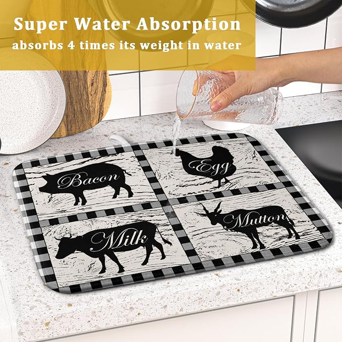 Farmhouse Animal Dish Drying Mat Buffalo Plaid Drainer Rack Mats Fast Dry - Image 7