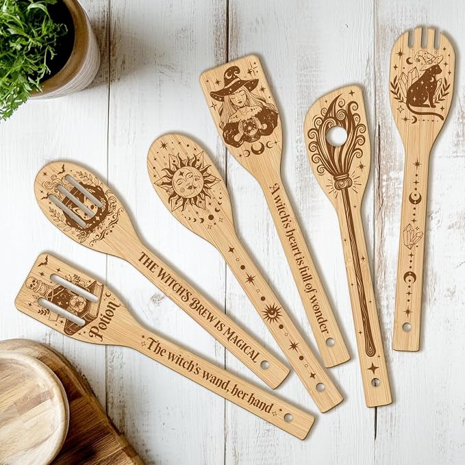 CUTHOLLOW 6PCS Magic Witch and Broom Wooden Kitchen Cooking Utensil Set by CUTHOLLOW
