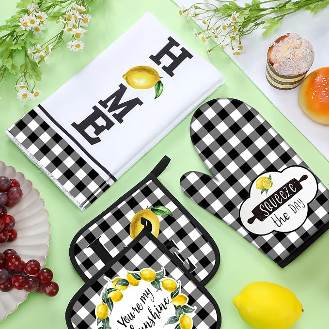5 Pieces Buffalo Plaid Kitchen Towels Oven Mitts and Pot Holder Set Black and - Image 4