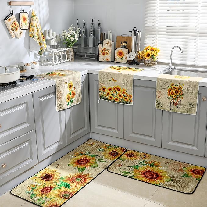 Fourluoo 10 Pcs Sunflower Kitchen Dish Towels Rugs Oven Mitts and Pot Holders - Image 7