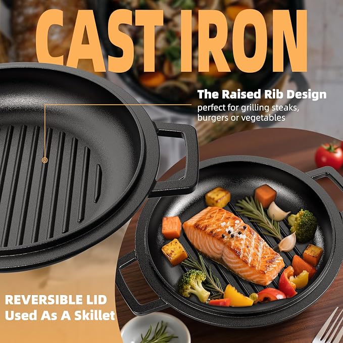 2-in-1 Pre-Seasoned Cast Iron Double Dutch Oven Pot - Image 7